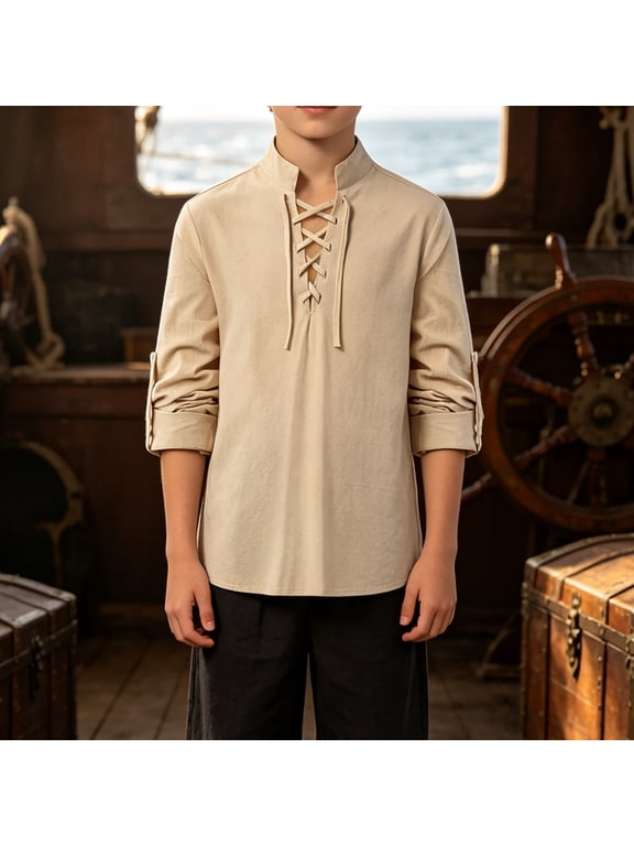 Boys Lace Up Tunic Shirt Washed Renaissance Top For Kids Cosplay