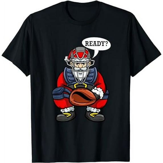 Boys Men Xmas Catcher Santa Claus Christmas Baseball T-Shirt