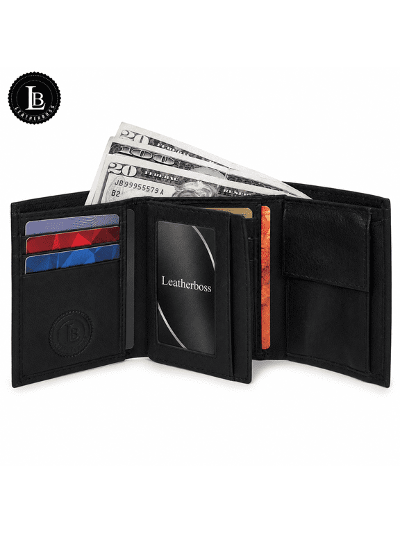 Boys Mens Slim Compact middle Flap Clear Id Credit Cards Coin Pocket Trifold Wallet Genuine Leather