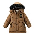 thumbnail image 1 of Boys Mid-Length Winter Padded Coat Thick Fleece Lined Hooded Cotton Jacket Windproof Warm Zip up Parka Outerwear for Big Kids Teen Boys 5-13 Years Old Khaki 9-10Years, 1 of 6