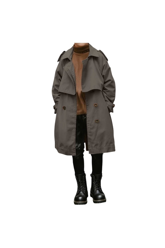 Boys Mid Long Trench Coat Double Breasted Notch Collar Casual Dress Jacket with Belt Kids Fall Winter Outerwear (14 Years, Dark Gray 01)