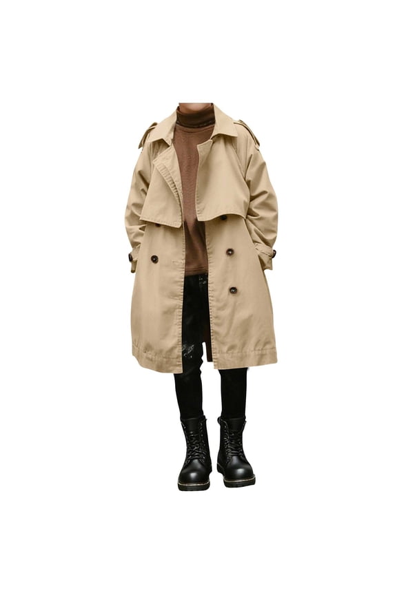 Boys Mid Long Trench Coat Double Breasted Notch Collar Casual Dress Jacket with Belt Kids Fall Winter Outerwear (14 Years, Khaki 01)