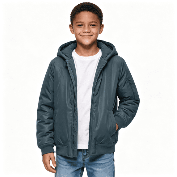 Boys Midweight Puff Jacket with Hood Casual Relaxed Fit Zip Up Warm Kids Winter Coats Dark Gray 12 Years