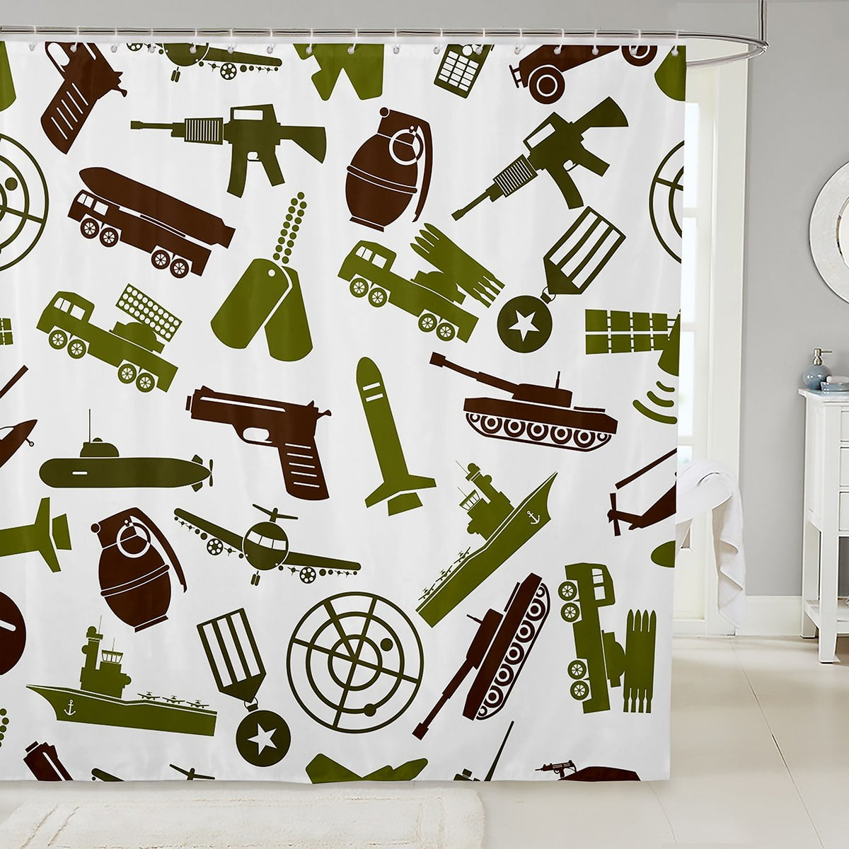 Boys Military Technics 72"Wx78"L Fabric Shower Curtain Army Green