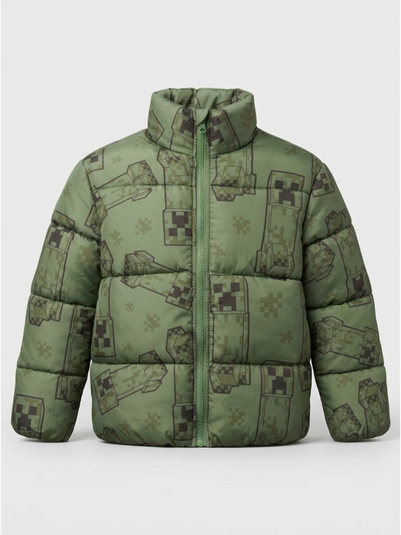Boys’ Minecraft Creeper Allover Print Puffer Jacket, Olive Green, Sizes XS–XL