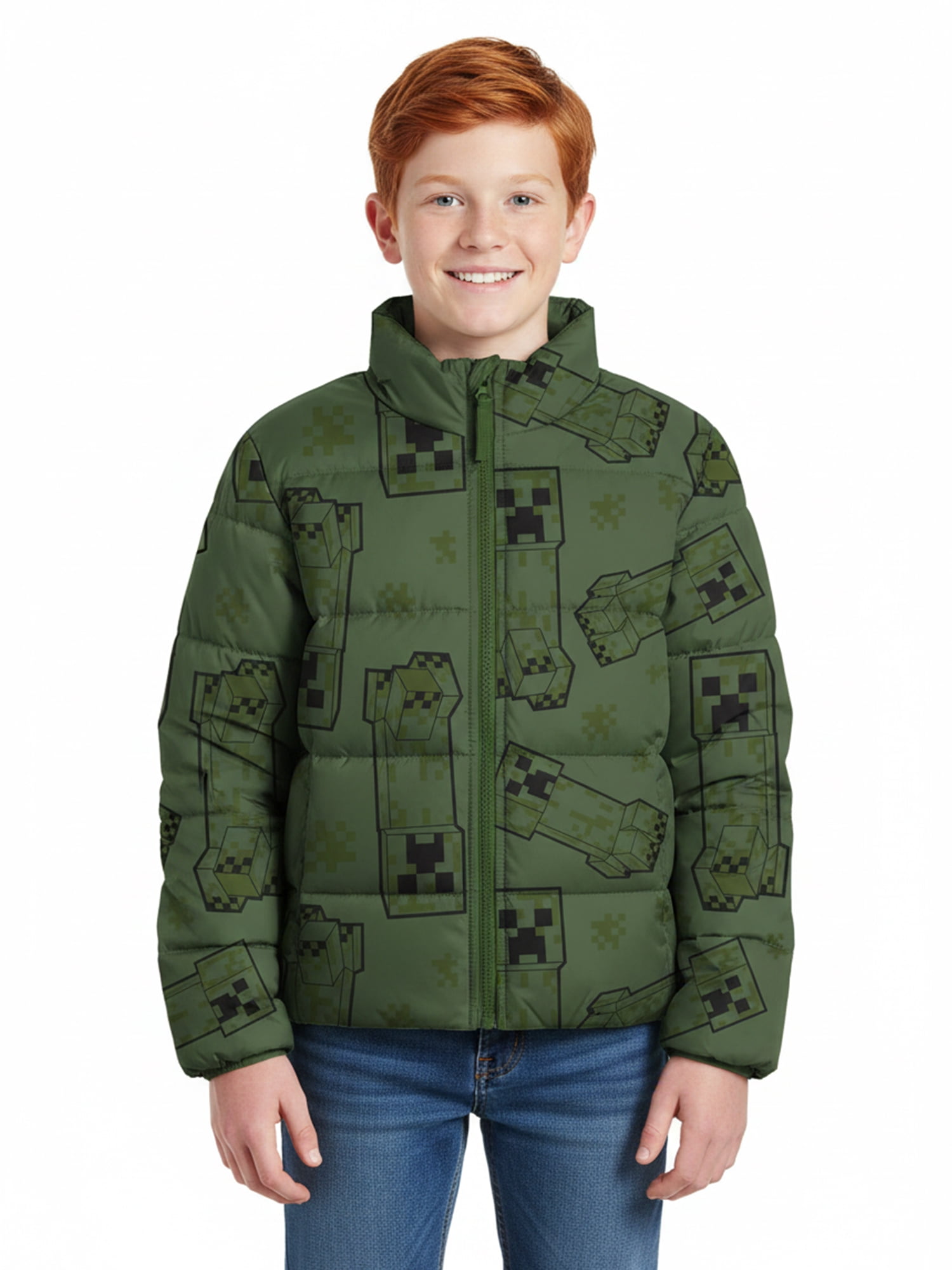 Boys’ Minecraft Creeper Allover Print Puffer Jacket, Olive Green, Sizes XS–XL