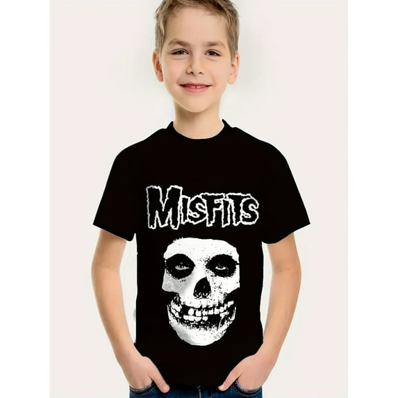 Boys' Misfits Graphic T-Shirt - Black Short Sleeve Crew Neck, Quick-Dry Summer Tee for Casual Outdoor Activities, Boys T Shirts