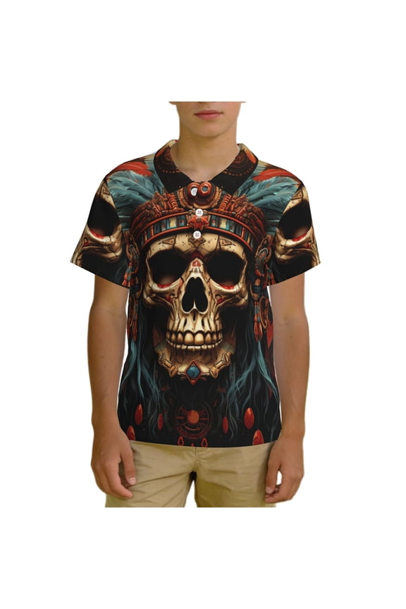 Boys Moisture Wicking Golf Polo Shirt Short Sleeve Kids Casual Top, Skull Indian Chief Black