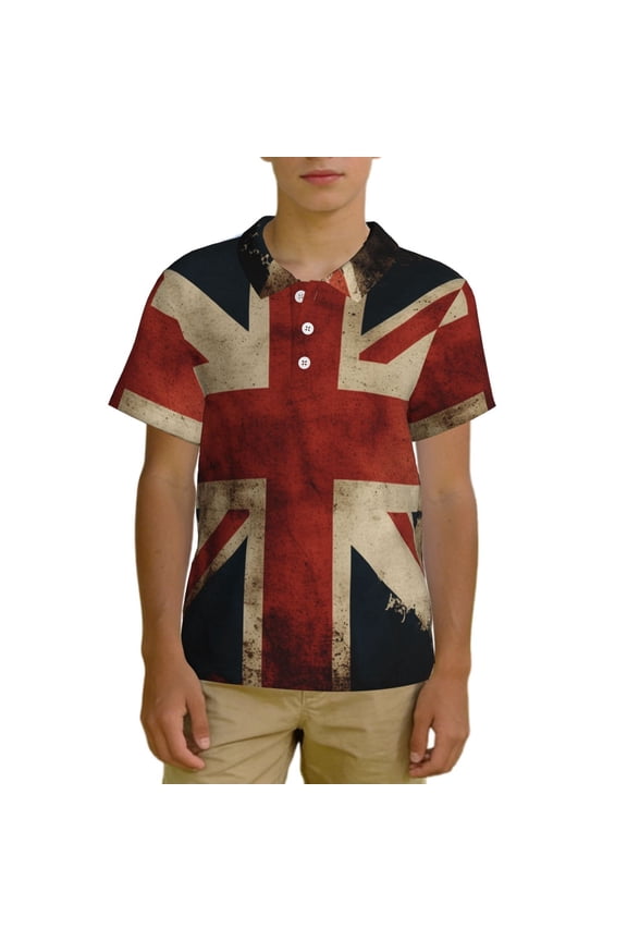 Boys Moisture Wicking Golf Polo Shirt Short Sleeve Kids Casual Top, Union Jack Flag Vintage UK