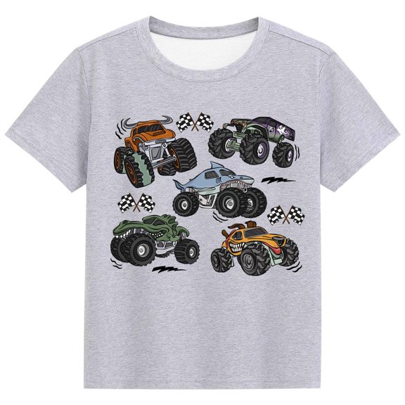 Boys Truck Graphic TâShirt, Kids Short Sleeve Crew Neck Cotton Tee, Fun Racing Car Print Casual Pullover Top for Daily School Outdoor Playwear(Grey,10-12 Years)