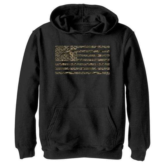 Boy's Mossy Oak In the Woods Flag Pull Over Hoodie Black Medium