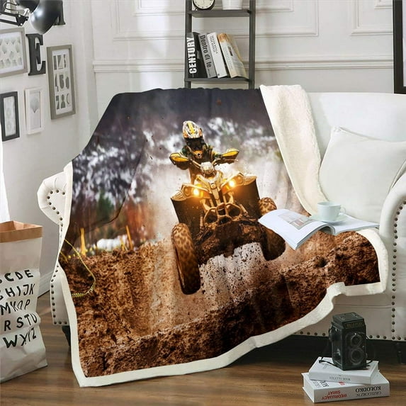 Boys Motorcycle Sherpa Blanket, Youth Motocross Racer Fleece Blanket, Dirt Bike Blanket Throw for Kids Teens, Cross-Country Extreme Sports Fuzzy Blanket Sofa Decor Twin 60"x80", Brown