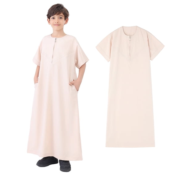 Boys Clothes Short Sleeve Zipper Beige Long Thobe Prayer Boys Clothes Size 4-5 Years