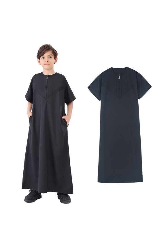 Boys Clothes Short Sleeve Zipper Black Long Thobe Eid Clothes Boy Shirts Size 5-6 Years