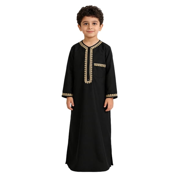 Boys Muslim Robe Thobe Traditional Ethnic Style Long Sleeve Casual Jumpsuit With Pockets For And Daily Wear/Black/100/3Y