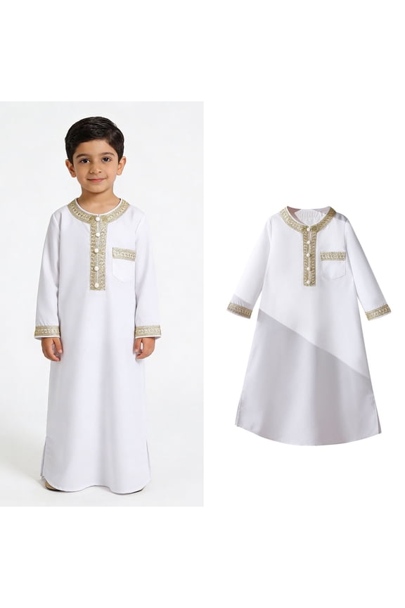 Boys Thobe Long Sleeve Button Embroidered Thobe Kids Eid Outfit Boys 4-5 Years Clothes