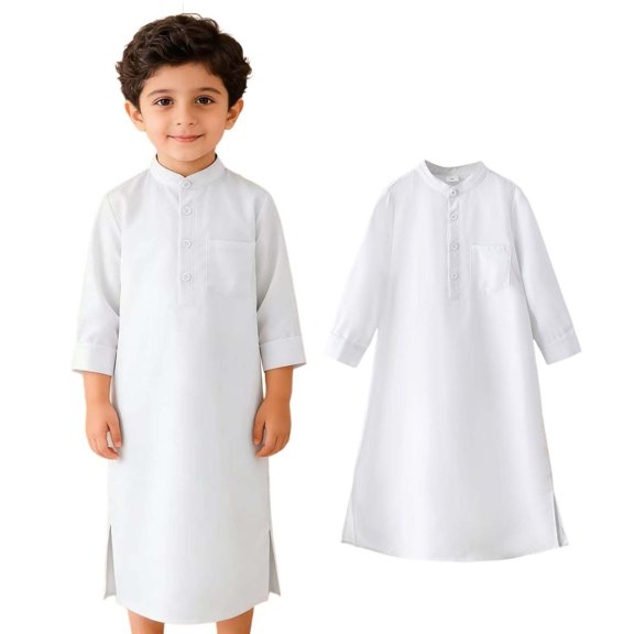 Boys Thobe Long Sleeve Button White Long Thobe Eid Outfit 5-6 Years Boy Clothes
