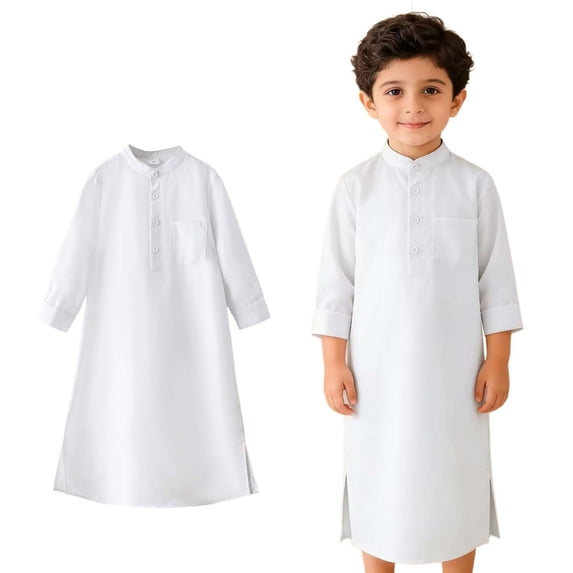 Boys Muslim Thobe Long Sleeve Button White Long Thobe Muslim Prayer Dress 6-7 Years Boy Clothes