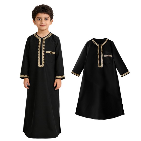Boys Thobe Long Sleeve Zipper Embroidered Long Thobe Ramadan Outfit 4-5 Years Clothes for Boys