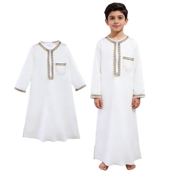 Boys Muslim Thobe Long Sleeve Zipper Embroidered Thobe Muslim Prayer Dress Boy Shirts Size 5-6 Years