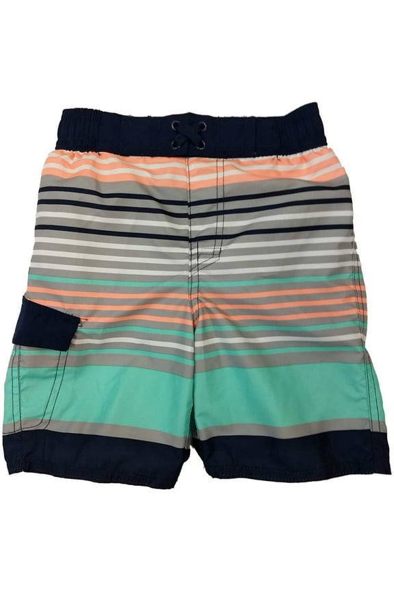 Boys Navy Gray Orange & Green Striped Swim Trunk Board Shorts XX-Small (4-5)