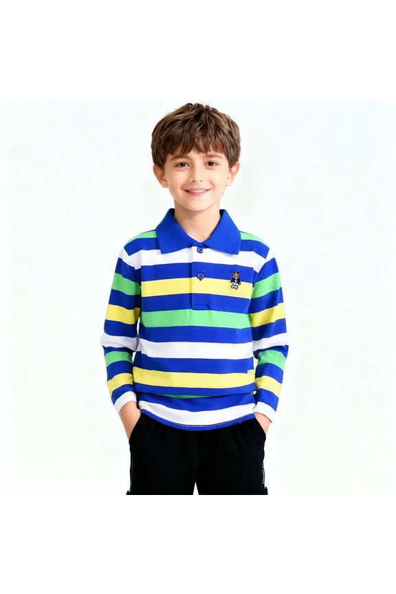Boys Navy Striped Polo Shirt, Long Sleeve 100% Cotton Kids Shirt with Embroidered Design, Ribbed Cuffs, School & Casual,Size 12-13 T