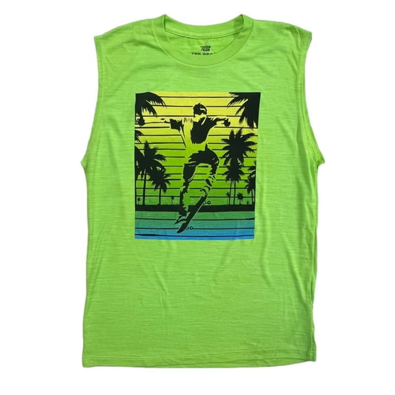 Boys Neon Green Beach Theme Skateboard Tank Top Sleeveless Shirt X-Large