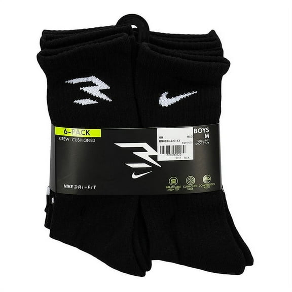 Boys Nike 3BRAND by Russell Wilson Dri-FIT Socks 6-Pack Color: Black Size: 9-11