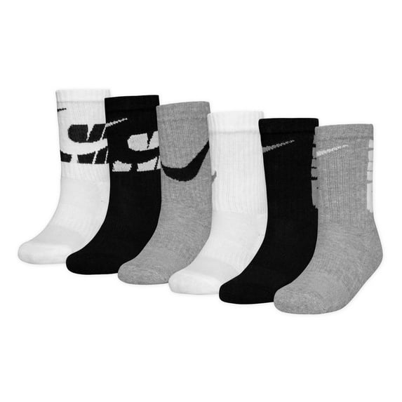 Boys Nike 6-Pack Dri-FIT Performance Cushioned Crew Socks Color: Black White Size: MEDIUM