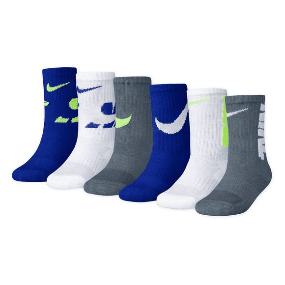 Boys Nike 6-Pack Dri-FIT Performance Cushioned Crew Socks Color: Navy Volt Size: X SMALL