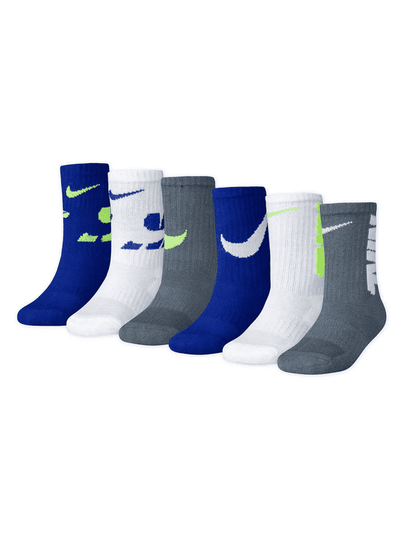 Boys Nike 6-Pack Dri-FIT Performance Cushioned Crew Socks Color: Navy Volt Size: X SMALL