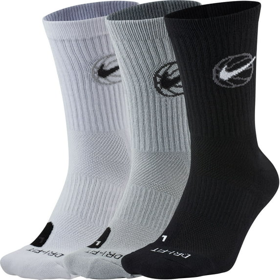 Boys Nike Everyday Crew Basketball Socks 3-Pack Color: Black Gray White Size: M