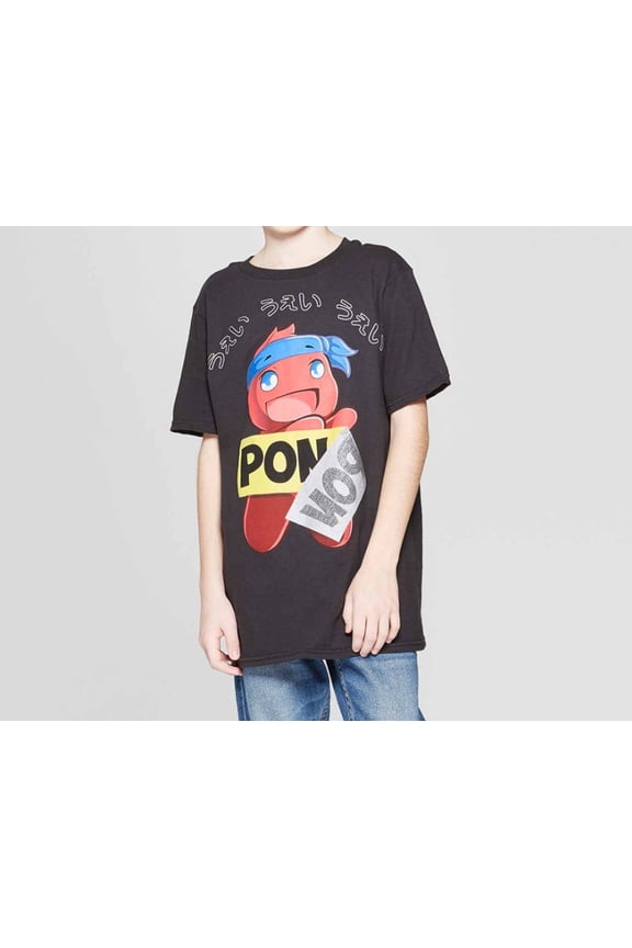 Boys' Ninja Gamer Pon Pon Graphic Short Sleeve T-Shirt - (Black, Large)