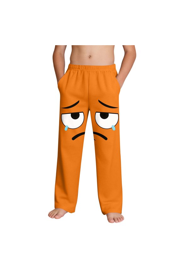 Boys Novelty Face Print Sweatpants Pajama Bottoms Soft Lounge Pants Comfy Elastic Waist Pockets Orange,Size 4 T
