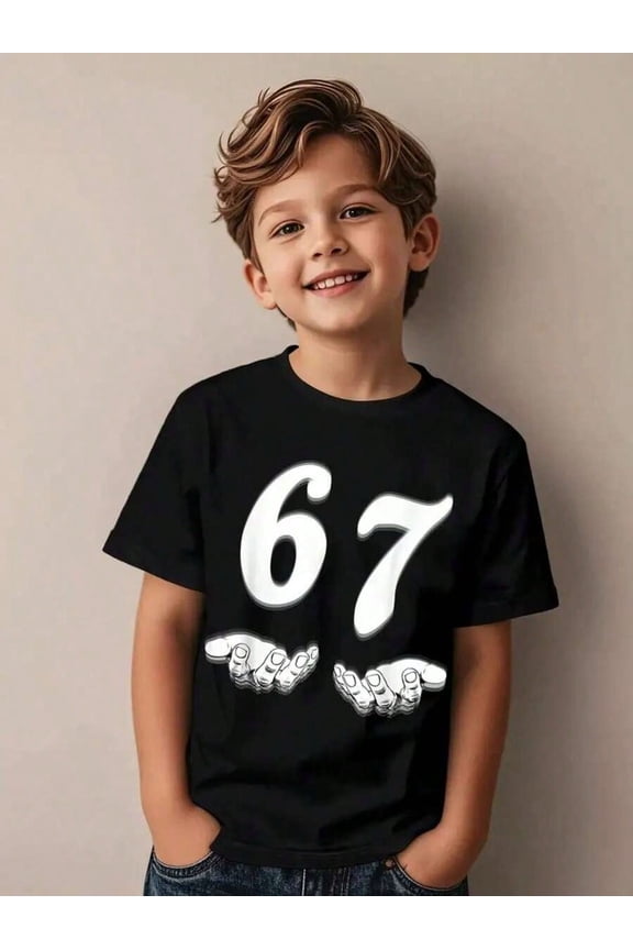 Boys' Number Meme T-Shirt - 67 Hand Sign And White 67 Print - Casual Street Style Short Sleeve Crewneck T-Shirt - Fun Outfits For Kids