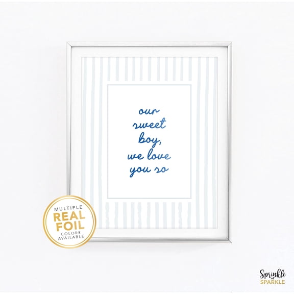 Boys Nursery Print, Our Sweet Boy We Love You So Wall Art, Vintage Striped Neutral Blue, Portrait Kids Trendy Poster, Poster Only