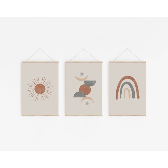 Boys Nursery Print Set Sun Moon Stars Rainbow Gender Neutral Decor Set 3 Unframed Paper Print 8x12