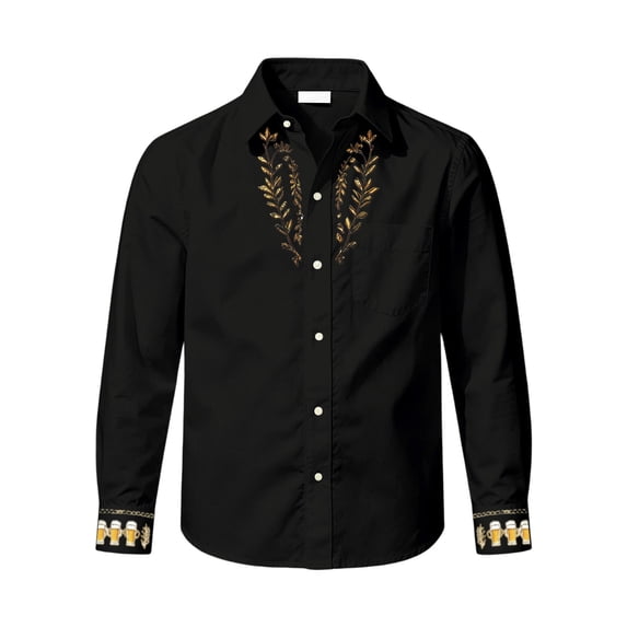Boys Oktoberfest Embroidered Long Sleeve Button Down Shirt, Kids Western Festival Lapel Shirt, Casual Solid Color Decorative Print Top for Daily Party Wear(Black1,5-6 Years)