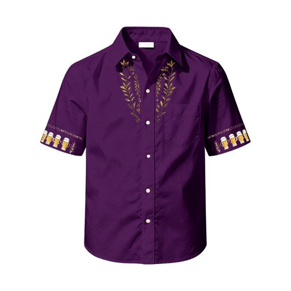 Boys Oktoberfest Embroidered Short Sleeve Button Down Shirt, Kids Western Festival Lapel Shirt, Casual Solid Color Decorative Print Top for Daily Party Wear(Dark Purple2,9-10 Years)