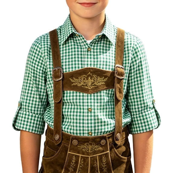 Boys Oktoberfest Plaid Bavarian Traditional Lederhosen Button Down Top Casual Blouse Shirt for Kids Green 150