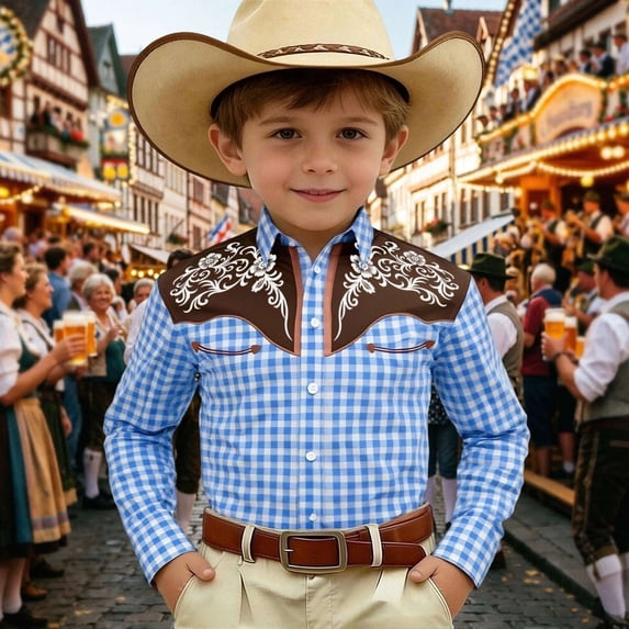Boys Oktoberfest Print Long Sleeve Denim Shirt Collared Top Casual Button Up Western Style