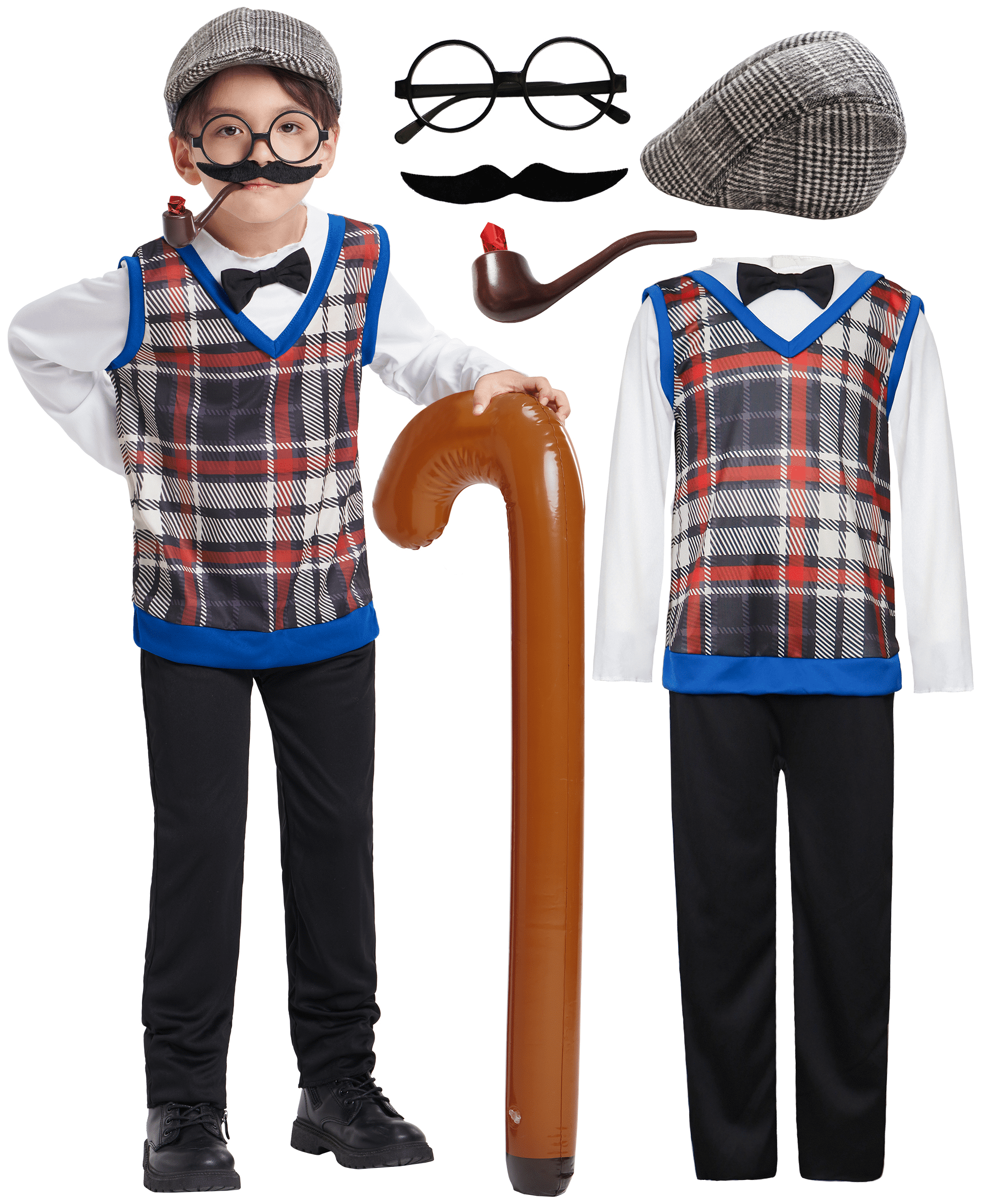 Boys Old Man Costume, 100th Day of School 6 Pcs Jumpsuit Hat Moustache ...
