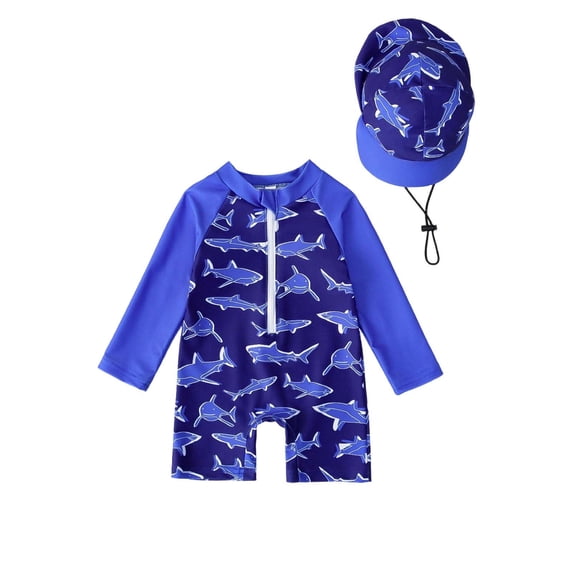 Boys One Piece Swimsuit Half Zip Long Sleeve Print Bathing Suit Quick Dry Stretchy Swimwear With Hat (3 Years, Blue)