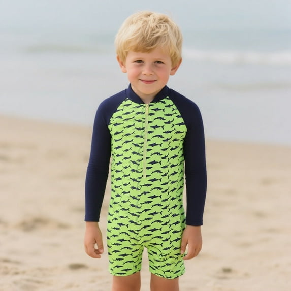 Boys One Piece Swimsuit Shark Print Long Sleeved Colour Block Swimwear Green 6 M-18 M