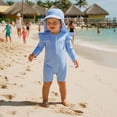 thumbnail image 1 of Boys One Piece Swimsuits Size 3-6M Striped Ruffle Long Sleeve Romper with Sun Hat Zipper Rash Guard Swimwear Toddler Kids Swimsuit, 1 of 7