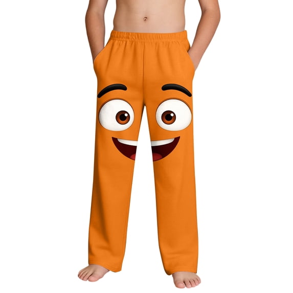 Boys Orange Cartoon Face Sweatpants Funny Novelty Print Lounge Pants with Pockets Soft Polyester Spandex Comfy Casual Bottoms,Size 12 T