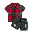 thumbnail image 1 of Boys Outfit Plaid Short Sleeve Jeans Shorts Outdoor Clothes,Red,24M, 1 of 6