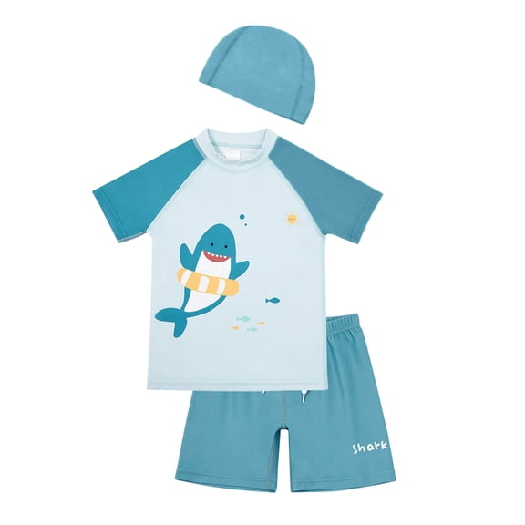 Boys Outfit Set Pool Trunks Rash Guard Age 3 10 Water Play Cap Boys Performance Suit,Sky Blue,2XL