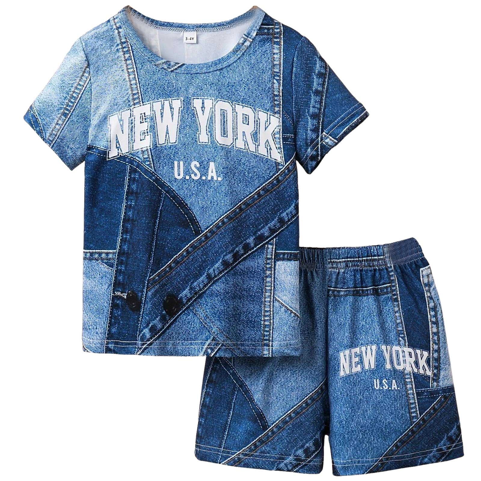 Boys Outfit Sets Denim Like Letter Print Shorts Round Neck Two Piece ...