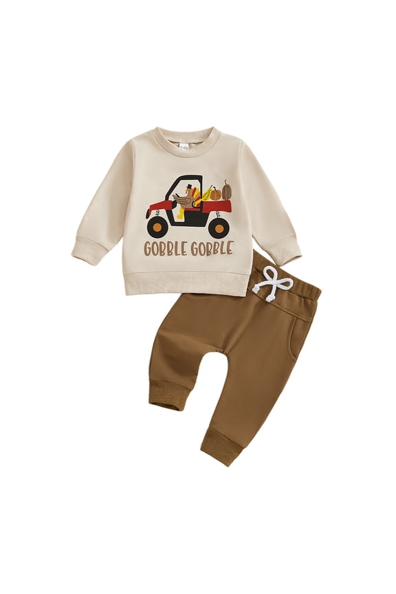 Boys Outfit Sets Thanksgiving Long Sleeve Hoodiepants with Truck Turkey Print Boys Tracksuit,Beige,60